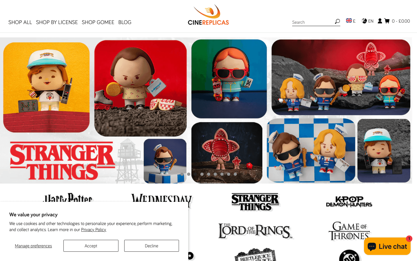 Cinereplicas UK merchandise store — homepage