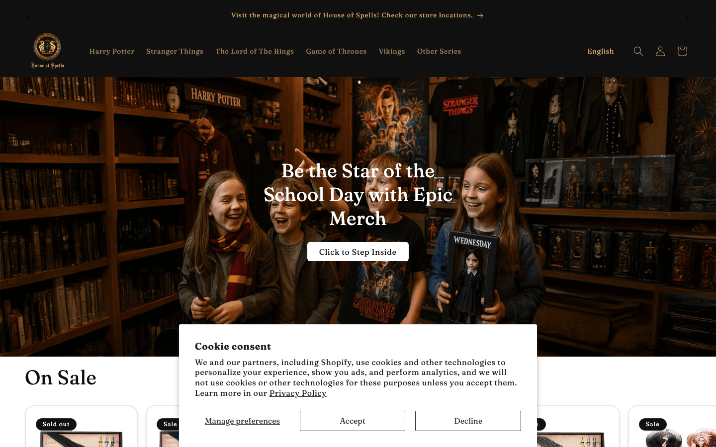 House of Spells licensed collectibles store — homepage